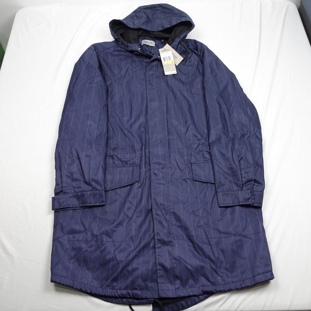 Kenneth Cole Reaction Long Windbreaker Men M Full Zip Blue Hooded Striped Lined
